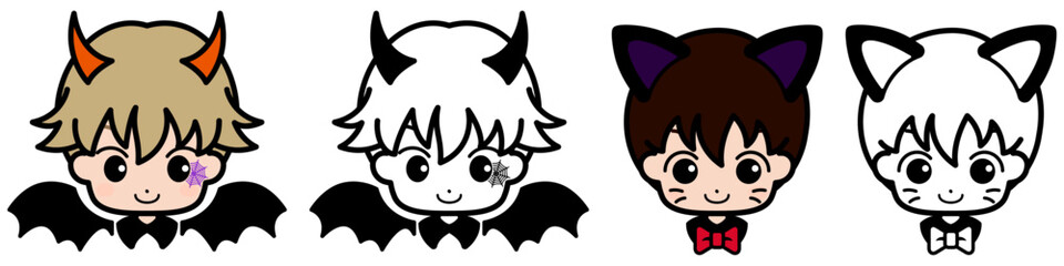 ハロウィンの仮装（コスプレ）をした男の子・子どもの顔イラストセット
