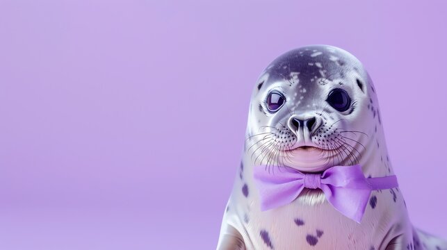 A cute seal pup wearing a purple bowtie on a purple background.
