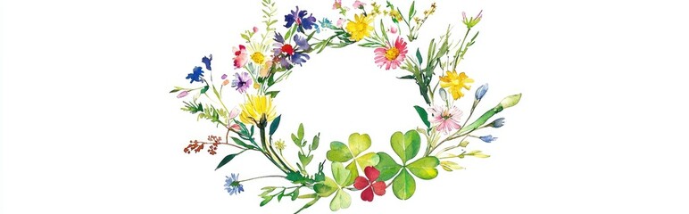 Obraz premium Wildflower and clover wreath watercolor artwork