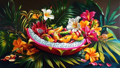 Oil painting depicting a vibrant fruit salad presented in a dragon fruit shell surrounded by palm leaves and tropical flowers