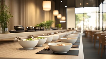 Fototapeta premium A sleek modern restaurant table with 3D-rendered noodle bowls from around the world