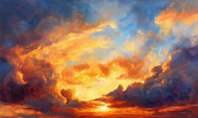 Fototapeta premium Artistic oil painting depicting dramatic golden clouds during a sunset showcasing the beauty of the sky in vibrant hues