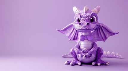 A cute purple dragon wearing a bow tie on a purple background.