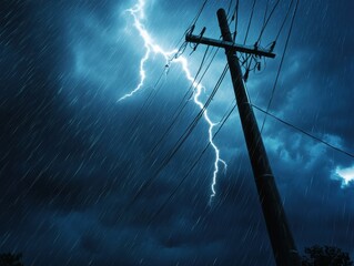 Dramatic lightning strikes during a thunderstorm, illuminating dark clouds, with rain pouring over a telephone pole in the foreground.