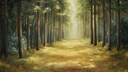 Fototapeta premium Oil painting depicting a serene pine forest showcasing the beauty of nature