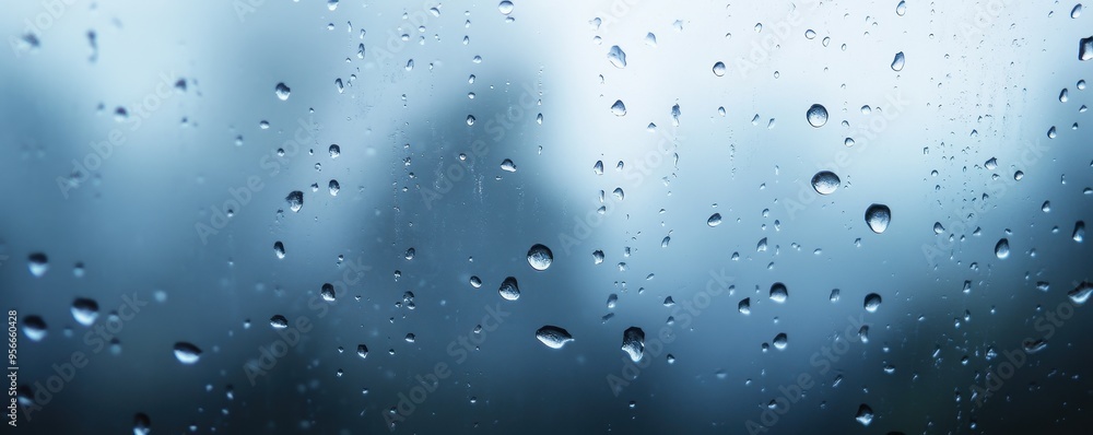 Aufkleber close-up of raindrops on a window, creating a moody ambiance with blurred nature in the background.