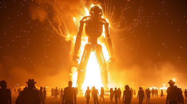 Gigantic wooden effigy at Burning Man being set on fire, with sparks flying and a crowd of onlookers in awe,