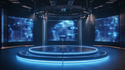 Futuristic Stage with Neon Lights and Digital Screens - Modern Presentation Space