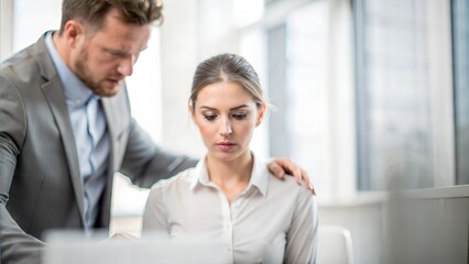 Blurred Asia workplace harassment scene, businessman's hand touch to woman shoulder at office 