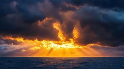 Sun rays breaking through dark storm clouds over the ocean, dramatic weather, hope after the storm