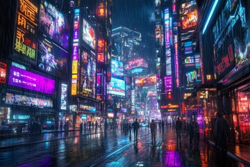 Fototapeta premium A vibrant city street illuminated by neon lights. Rain reflects the colorful signs. The atmosphere feels alive, dynamic, and futuristic. Explore urban energy and modern life. Generative AI