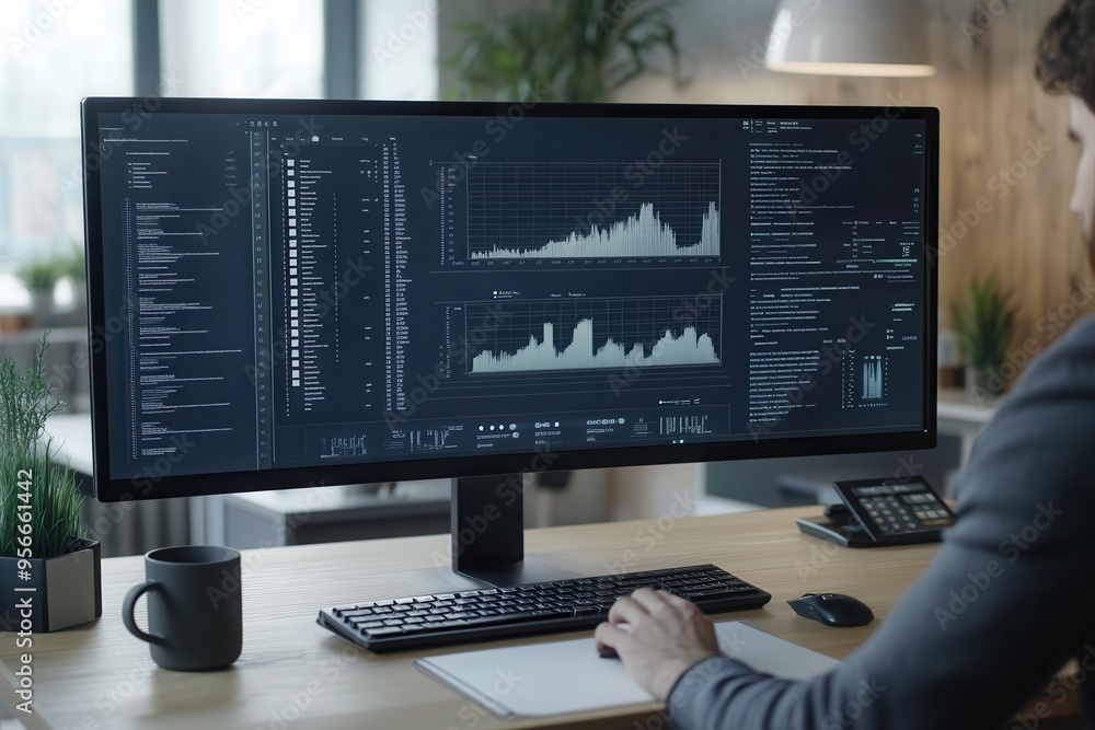 Poster an expert focuses on analyzing data displayed on a large monitor at a tidy desk with a coffee mug an