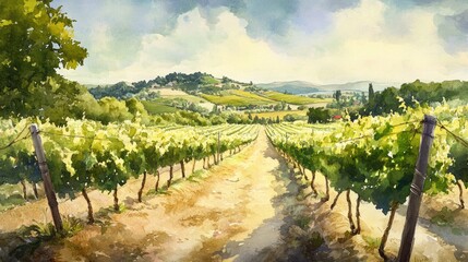 Naklejka premium Watercolor illustration of a serene vineyard with grapevines showcasing a picturesque countryside landscape in an artistic style
