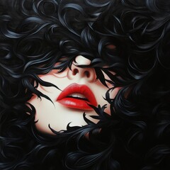 Fototapeta premium A striking portrait of a woman's face partially obscured by dark, flowing hair, emphasizing her bold red lips and mysterious allure.