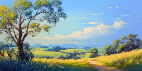Obraz premium Oil painting depicting a serene landscape with a clear blue sky showcasing the beauty of nature and rural scenery