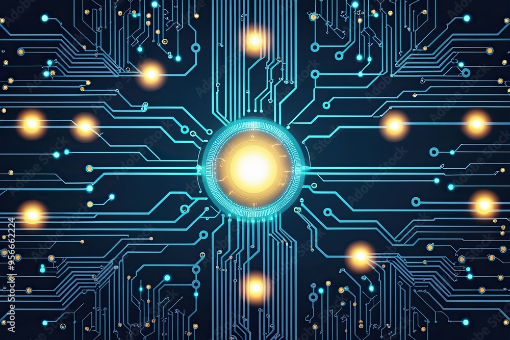 Poster dark blue abstract digital network circuit board background with glowing lights and connecting dots
