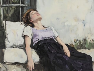 Fototapeta premium A serene woman reclining on a cushion, enjoying a moment of relaxation in a peaceful outdoor setting.