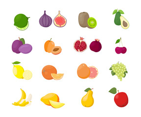 Colored fruit set isolated on a white background. Whole and chopped fruits and green leaves. Vector Illustration, icon.