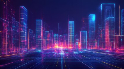 Futuristic Cityscape with Neon Lights and Digital Grid Pattern - Abstract Urban Design.