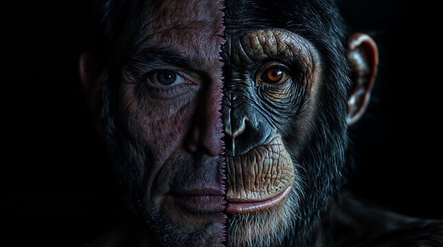 Surreal artistic depiction of a split face merging human and chimpanzee features, symbolizing the connection between humans and primates, perfect for science, evolution, and conceptual art projects
