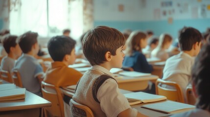 Obraz premium Students sit in crowded desks, focused on learning despite outdated materials and a lack of school supplies around them. Generative AI