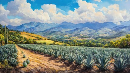 Oil painting depicting fertile fields with agave plants illustrating the agricultural process of growing a traditional beverage in a mountainous landscape