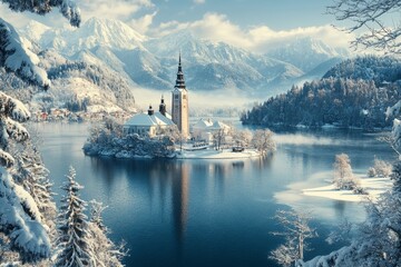 Obraz premium A picturesque winter scene with a quaint island nestled in a lake. Snow-covered mountains loom in the background. Peaceful and serene. Perfect for travel themes. Generative AI