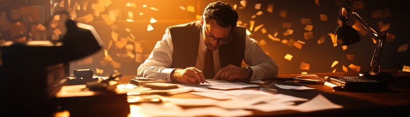 A focused man meticulously reviews documents on a desk, surrounded by floating papers in a warm, ambient light.