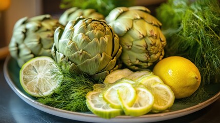 Fototapeta premium Artichokes, Lemon and Fennel on a Green Plate