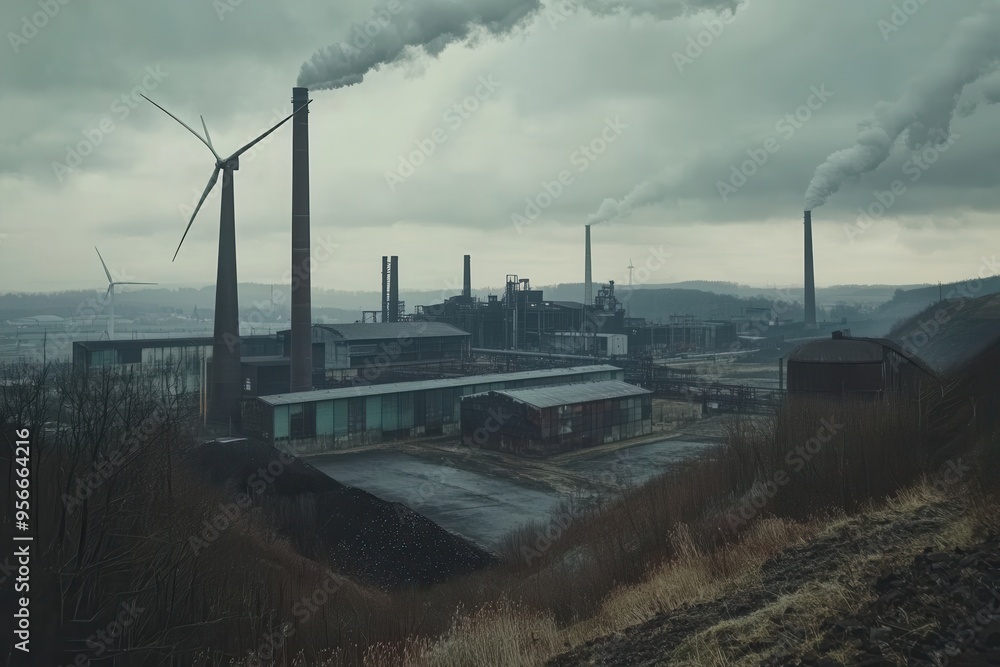 Aufkleber the landscape showcases wind turbines near abandoned coal mines and aging factories, highlighting th