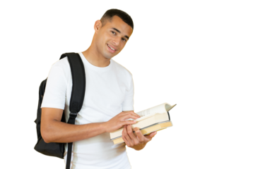Portrait of handsome student reading a book isolated over transparent background.