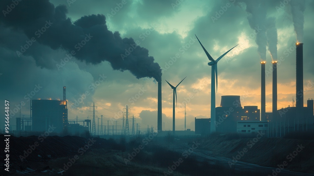 Leinwandbilder wind turbines stand tall against the backdrop of closed coal mines and aging factories, highlighting
