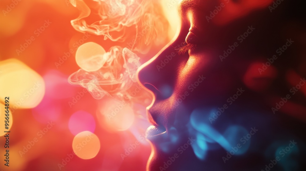 Poster a captivating profile of a person enveloped in colorful smoke, creating an ethereal and dreamlike at