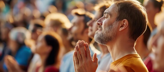A diverse group of people is shown participating in a public outdoor event, with individuals engaged in prayer or reflection, highlighting a collective sense of community and shared purpose.