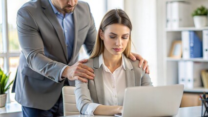 Obraz premium copy space Blurred, A scene showing a professional looking uncomfortable due to an unwelcome touch or close proximity from a colleague, highlighting inappropriate behavior in a private workplace room