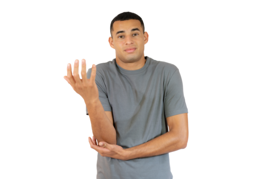 Worried young man in casual t-shirt isolated over transparent background.