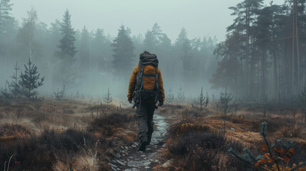 Obraz premium Solo hiker exploring misty forest trail in autumn nature adventure