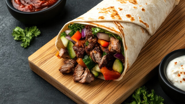 open shawarma wrap with succulent beef and fresh vegetables