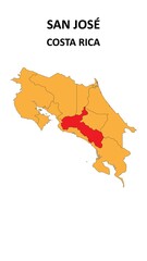 San José Map is highlighted on the Costa Rica map with detailed state and region outlines.