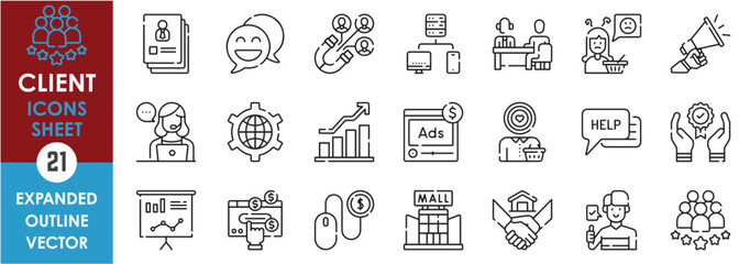A set of line icons related to Client. Customer, consumer, goods, sale, buy, pay, cash, digital, advertisement, help, discuss, strategy, attract, and so on. Vector outline icons set.