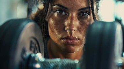 Obraz premium A close-up of a determined woman's hands gripping dumbbells during a challenging gym class, muscles defined and engaged