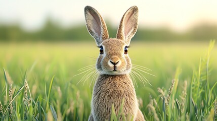 Obraz premium A curious rabbit gazes intently in a lush green field, embodying the essence of nature and wildlife.
