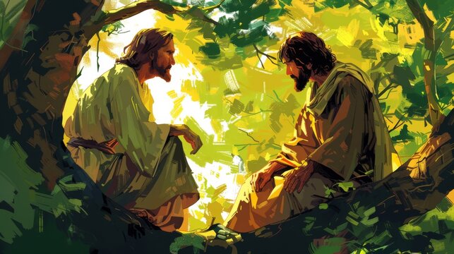 A gentle vector of Jesus inviting Zacchaeus down from the sycamore tree