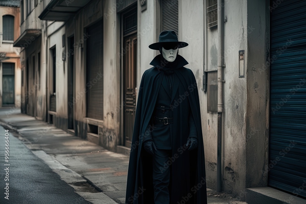 Wall mural mysterious shadowy figure in dark cloak and hat exploring vintage urban alleys