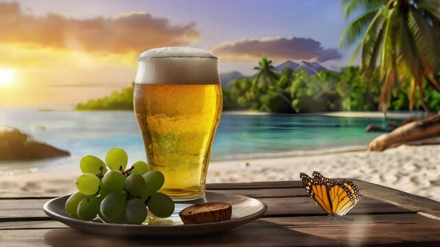 A glass of wine next to grapes on a wooden board with a bokeh effect beach background. Seamless 4K looping timelapse video animation background