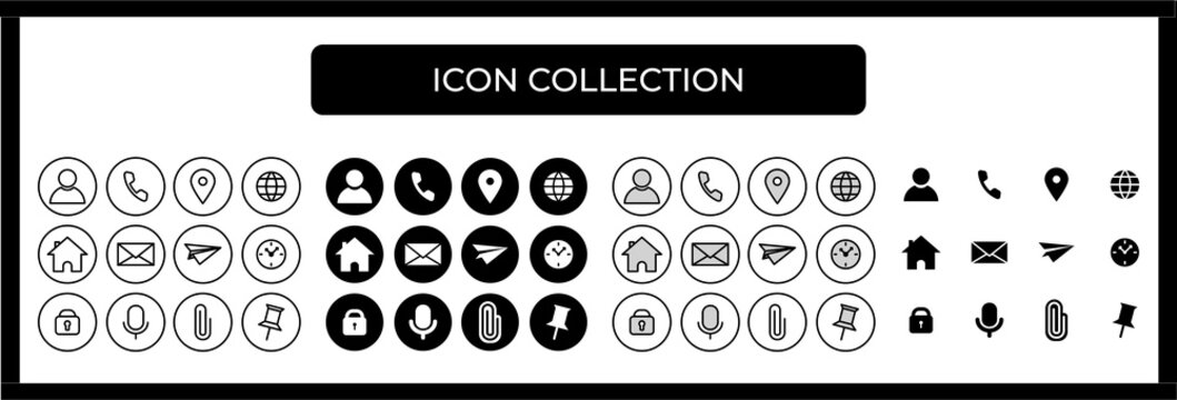 Website black vector icons set. Communication icon symbol, contact us, location, address, phone, mail, microphone, attach, pin. In flat, line modern style. Free Vector