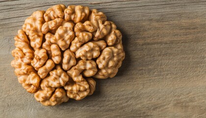 Closeup of walnuts shaped like a brain on a rustic wooden table, natural brain food, symbolic imagery,  no blur, photo not dark, everything is clear, copy space