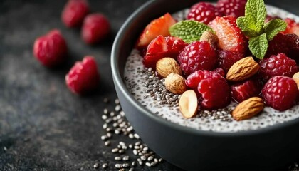 Chia pudding topped with fresh fruits and nuts, brainstimulating dessert, healthy and satisfying,  no blur, photo not dark, everything is clear, copy space