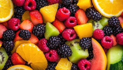 Obraz premium Colorful fruit salad with a mix of berries, citrus, and melon, rich in antioxidants, brain health focus, no blur, photo not dark, everything is clear, copy space