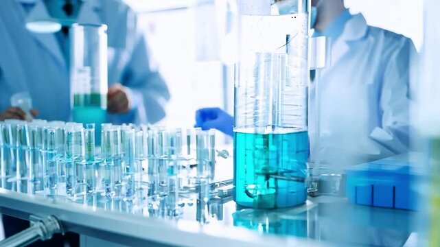 A scientist in a white coat works in a medical laboratory.